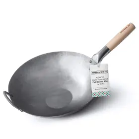 Mafw14 Mammafong Flat Bottom Carbon Steel Wok Pan - Authentic Hand Hammered Woks And Stir Fry