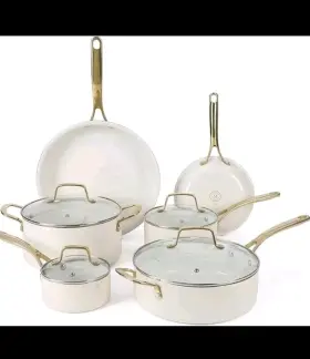 Martha Stewart 085081626882 Galway 10 Piece Pots And Pans Set Linen White With Gold Handles New