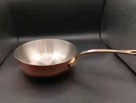 051220 Mauviel 9.5 Inch 1830 Polished Copper And Stainless Steel Splayed Curved Saute Pan