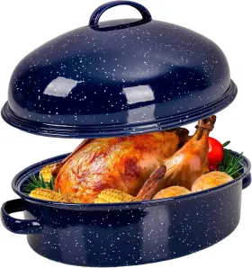 My718-blue Mccsi Roasting Pan With Lid And Rack 18 Inch Deep Large Oval Enamel Midnight Blue