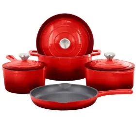 Megachef 840191216923 7 Piece Enameled Nonstick Cast Iron Cookware Set In Red