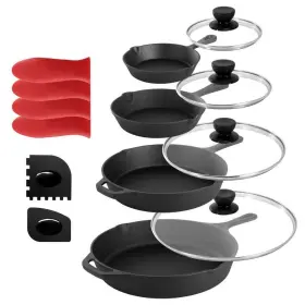 985121259m Megachef Skillets Set 13-piece Cast Iron Tempered Glass Lids Silicone Holders