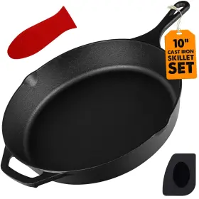 Mejoy 850059791158 10 Inch Cast Iron Skillet Heavy-duty Pan Set With Handle Cover And S