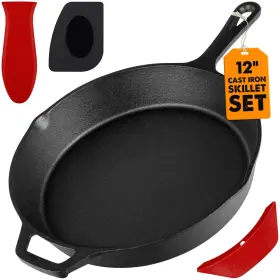 Mejoy 850059791165 12 Inch Cast Iron Skillet Heavy-duty Pan Set With Handle Cover And S