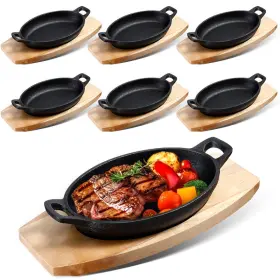 Mifoci B0cqcbllv5 6 Pcs Mini Cast Iron Skillet Wooden Base Small Fajita Plates
