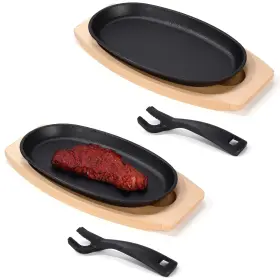 B0fkb8fqks Mifoci 2-piece Oval Cast Iron Fajita Skillet Set With Wooden Base And Handle 9.5x5.5