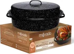 Millvado 793897512755 Granite Roasting Pan 10 Lb Capacity Turkey 16 In Speckled Black And White
