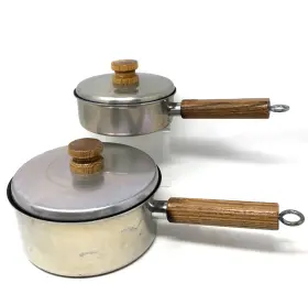 54221-1330 Mirro Vintage 2 Quart And 1 Sauce Pan Non-stick Aluminum Wooden Handle With Lids Usa
