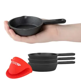 Modern Innovations 817496024423 Mini Black Cast Iron Skillet Set With Silicone Mitt 4 Count - 3.5 Inch Pans