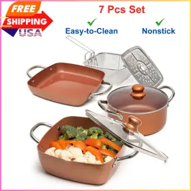 74450015 Moss & Stone 7 Piece Copper Chef Cookware Non Stick Deep Frying Pan 9.5 Inch X 3.5 Fry Basket