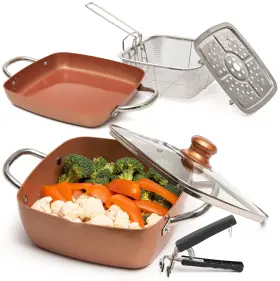 Moss & Stone 897038504008 Copper 6 Piece Set Chef Cookware Non Stick Pan Deep Square Fry Basket