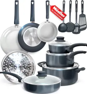 Hs-16g2 Mueller Austria 16-piece Stone Cookware Pots And Pans Set Nonstick Ceramic Slate