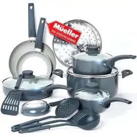 Hs-16g Mueller Home New 16-piece Non-stick Stone Cookware Set With Steamer And Glass Lids Gray Hs-16g Mueller Home New 16-piece Non-stick Stone Cookware Set With Steamer And Glass Lids Gray