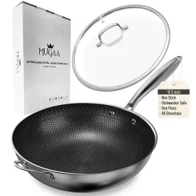 Mugaa 065024142001 12.5 Inch Nonstick Stainless Steel Wok Pan With Lid Tri-ply Honeycomb Hybrid St