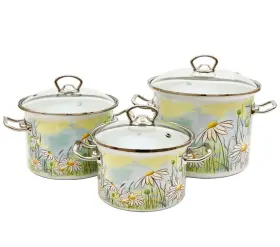 Novomoskovsk 824042026530 Daisy Enamel Stockpot Set Of 3 Enameled Stockpots 2qt 3qt 6qt