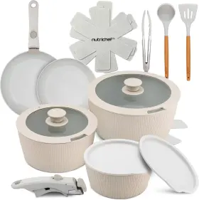 Nutrichef 842893180618 18-piece Ceramic Cookware Set With Detachable Handles Non Stick Pots
