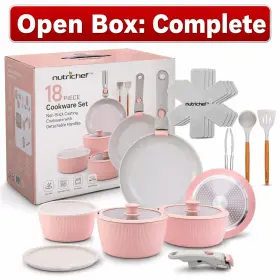 Nutrichef 842893180649 18-piece Ceramic Cookware Set With Detachable Handles - Pink Open Box