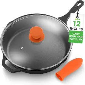 Ncci12 Nutrichef 12-inch Cast Iron Skillet With Lid - Black Open Box