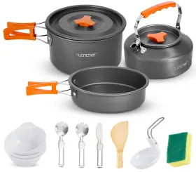 Nccwcmp12 Nutrichef Camping Cookware Set - Pots Pans Utensils Bowls Cutlery Grey
