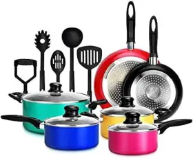 Nccwcor15.3 Nutrichef 15-piece Colorful Nonstick Kitchen Cookware Set Heat Resistant