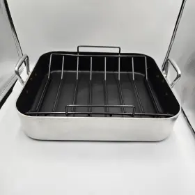 91644 Oneida Large Aluminum Non Stick Roasting Pan With V Rack Turkey Roaster