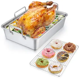 Ssbp-79 P&p Chef 14 Inch Roaster Roasting Pan With Baking Rack And V-shaped Silver