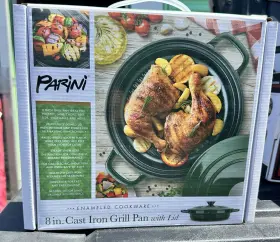 Parini 810088181375 8 Inch Cast Iron Grill Pan With Lid - New In Box