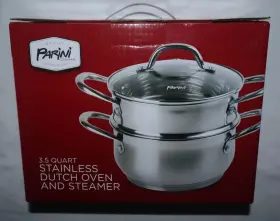 Parini 857946003509 Cookware 3.5 Quart Stainless Dutch Oven And Steamer With Glass Lid New