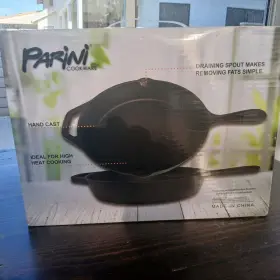 Inv00691 Parini Cast Iron Grill Pan Pre-seasoned Cookware Draining Spout Hand Round