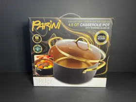 Inv00865 Parini Nib 4.5 Quart 18k Infused Gold Coated Casserole Pot With Tempered Glass Lid