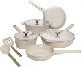 Paris Hilton Ph11485-ar Ceramic Nonstick Cookware Set Cast Aluminum Dishwasher Safe 10-piece Cream