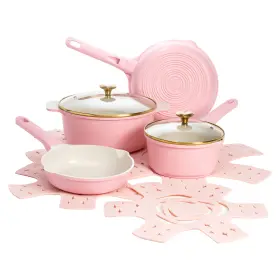 Ph11579-as Paris Hilton Clean Ceramic Nonstick Cast Aluminum Cookware Set With Heart Shaped Lid Knobs
