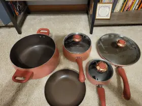 12513 Paula Deen Nonstick Red Speckled Cookware Pots Pans Set 5 Piece Signature