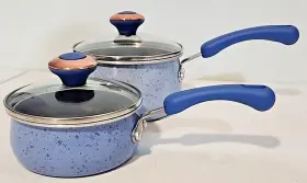 Qqq11t Paula Deen 4pc Signature Ceramic Blue Speckled Cookware Pots With Lids 2 And 1 Qt