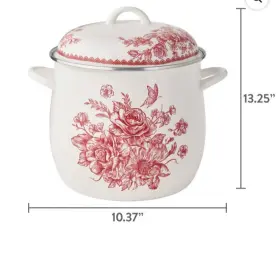 Pioneer Woman 085081659439 Agatha 12 Quart Stock Pot With Lid Enamel Steel Red Floral Rose White