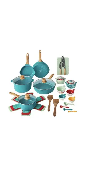 Pwa402795514460 Pioneer Woman Cookware 30pc Set Prairie Signature Cast Aluminum Color- Teal