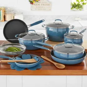 Pionr Woman 826705637170 18-piece Aluminum Cookware Set Non-stick Interior Acacia Wood Utensils Blue New
