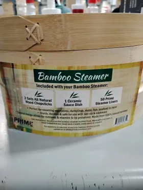 Prime Home Direct 659245816350 Bamboo Steamer Basket 12-inch 2-tier For Cooking 50 Liners Chops