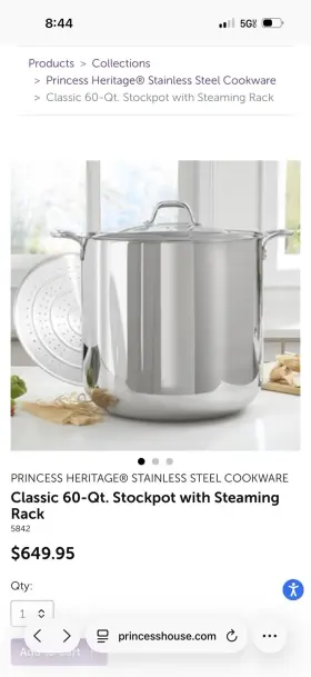 5842 Princess House Heritage Classic 60 Quart Stainless Stockpot With Lid And Steaming Rack 5842 Princess House Heritage Classic 60 Quart Stainless Stockpot With Lid And Steaming Rack