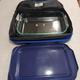 2335 Pyrex Portables 3 Pc Casserole Set Quart 13x9 Dish Lid Carrier Blue No Hot Pack