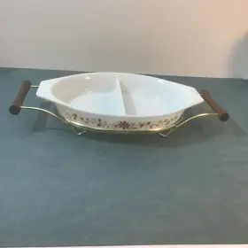 S9212 Pyrex Vtg Mcm Promo Orange Floral 1 1/2 Quart Oval Divided Dish W Metal Cradle