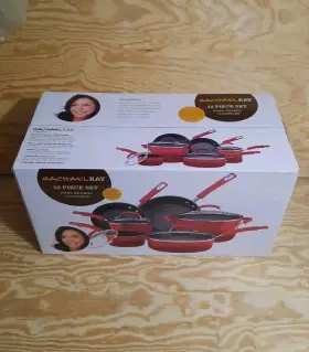 11535 Rachael Ray 10 Piece Hard Enamel Red Pans Pots Skillets Cookware Set New