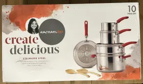 Rachael Ray 705353941160 Create Delicious Stainless Steel 10 Piece Cookware Set Red Brand New