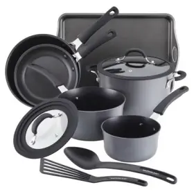 86002268 Rachael Ray 10pc Anodized Set Fry Pan Stockpot Black Cook Cookware Silicone