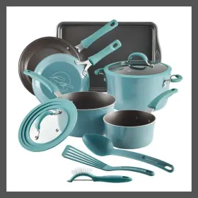 86002271 Rachael Ray 11pc Porcelain Enamel Set Fry Pan Stockpot Blue Cookware Pans