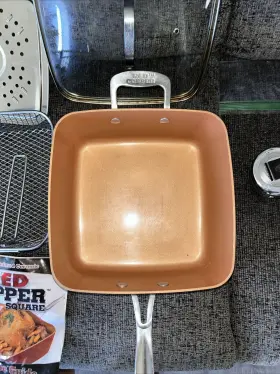 Red Copper 097298028045 Square Pan 10 Inch Deep Fry 5 Piece Set Roast Steam Bake Broil Non-stick