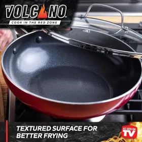 Red Volcano 885837024463 Textured Ceramic Nonstick 11 Inch Flat Bottom Wok Stir-fry Pan W Lid