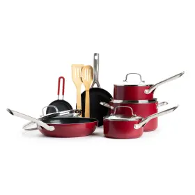 Red Volcano 885837024470 Textured Ceramic Nonstick 12 Piece Cookware Pots And Pans Set Wi