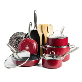 Red Volcano 885837025521 Textured Ceramic Nonstick 14 Piece Cookware Pots And Pans Set With Stainless