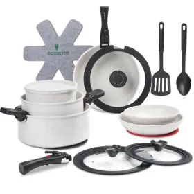 Rossetto 219418099231 23-piece Nonstick Cookware Set Induction Safe Removable Handle White Granite